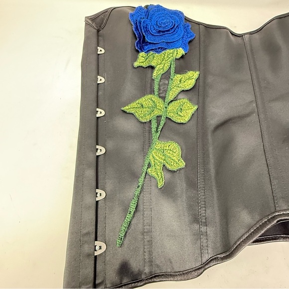Bustier Corset Plus Size Black Blue Flower Embroidered Lace Up Back Satin Sz XXL - Picture 6 of 6